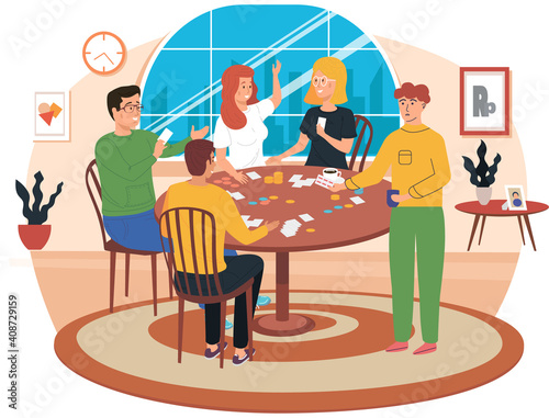 People playing board game at home, living room atmosphere in the evening. Men and women friendly family or good friends with logic game on the weekend together. Man offers pills to sick comrade