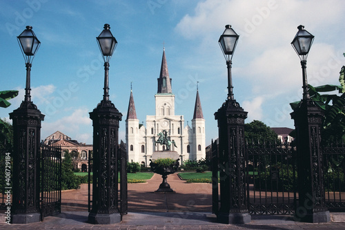 Sculpture of General Andrew Jackson in front of a cathedral, St. Louis Cathedral, Jackson Square, French Quarter, New Orleans, Louisiana, USA