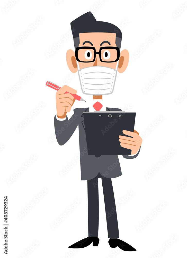 クリップボードとペンを持つマスクを着用しメガネをかけたビジネスマン

