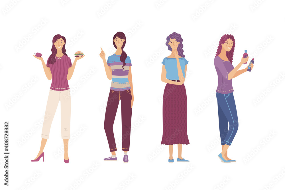 Young woman comparing skincare beauty products. Cute girl choosing between healthy and junk food. Lady in doubt with hand on chin gesture. Woman pointing gesture. Flat vector cartoon illustration Young woman comparing skincare beauty products. Cute girl choosing between healthy and junk food. Lady in doubt with hand on chin gesture. Woman pointing gesture. Flat vector cartoon illustration