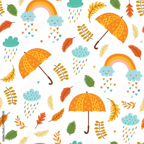 Seamless autumn pattern with umbrellas  clouds with rain and rainbows. Bright repeated texture for fall season. Wrapping paper. Autumn background with leaves  rain drops  clouds