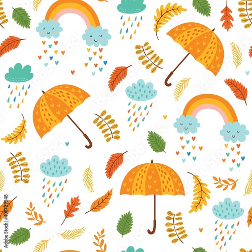 Seamless autumn pattern with umbrellas, clouds with rain and rainbows. Bright repeated texture for fall season. Wrapping paper. Autumn background with leaves, rain drops, clouds