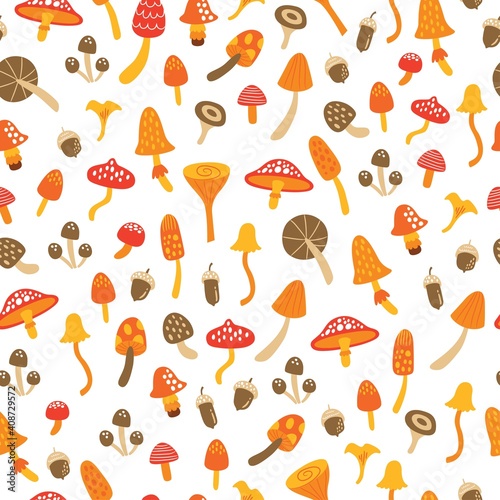 Vector seamless pattern with cute forest mushrooms. Autumn background. Bright repeated texture for fall season. Wrapping paper.