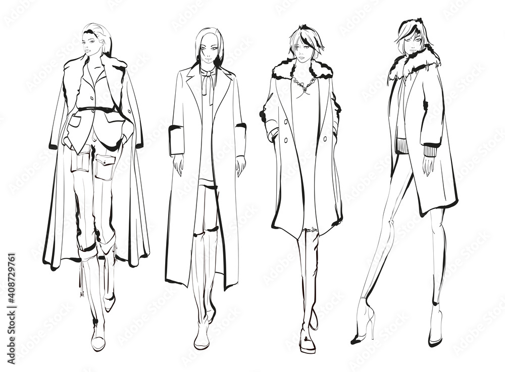 Beautiful young women in modern style.. Hand drawn stylish woman portrait. Fashion lady. Autumn outfit. Sketch set. Fashion model posing in coat. Hand drawn fashion woman. Beautiful young women in modern style.. Hand drawn stylish woman portrait. Fashion lady. Autumn outfit. Sketch set. Fashion model posing in coat. Hand drawn fashion woman.
