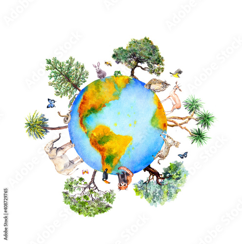 Photography World globe with animals, birds, insects, green trees around