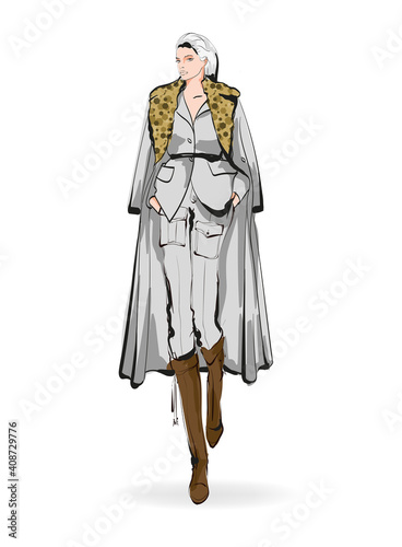 Young beautiful woman in winter clothes. Sale concept. Hand-drawn fashion illustration