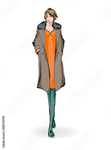 Young beautiful woman in winter clothes. Sale concept. Hand-drawn fashion illustration