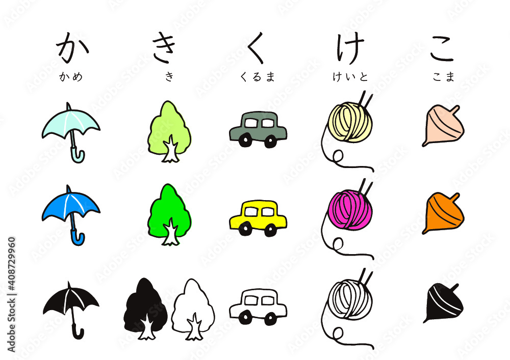 かきくけこ(かさ、き、くるま、けいと、こま)のイラスト かきくけこ(かさ、き、くるま、けいと、こま)のイラスト