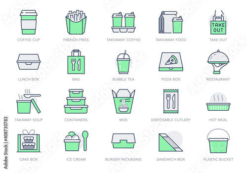 Take away food service line icons. Vector illustration with icon - box, pizza, takeout package, sandwich and soup container outline pictogram for takeaway meal. Green Color Editable Stroke
