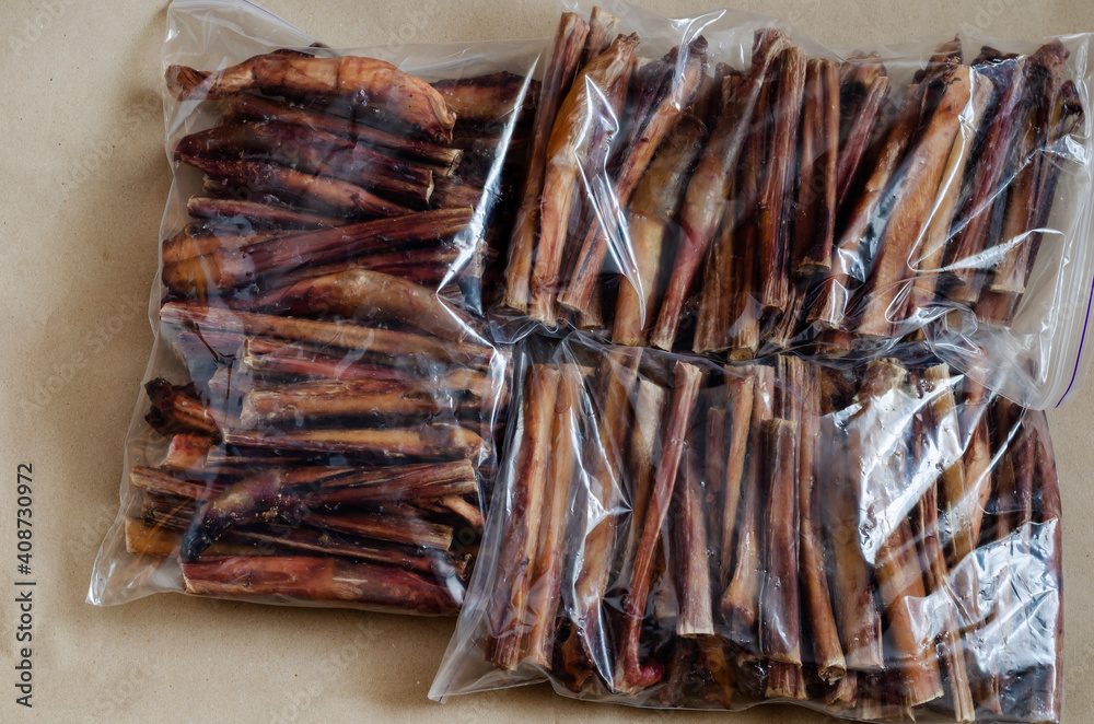 Packs of the dried bovine penis for pets.