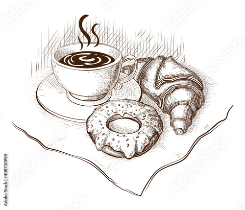 Coffee, croissant and donut drawing, vector illustration isolated on white. Sketch of hot cup of coffee or tea with fresh pastry, vintage engraved style. sweet breakfast, morning time design element.