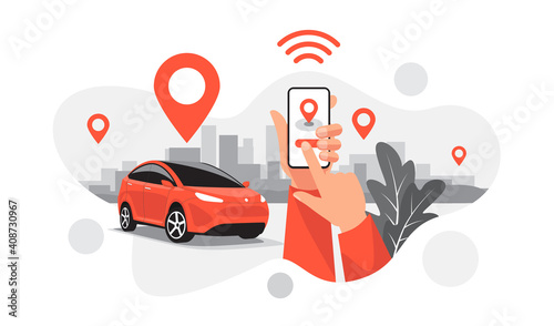 Isolated vector illustration of autonomous parking online ride car sharing service connected via smartphone app. Hands with phone location mark of smart share electric auto in modern city skyline. photo