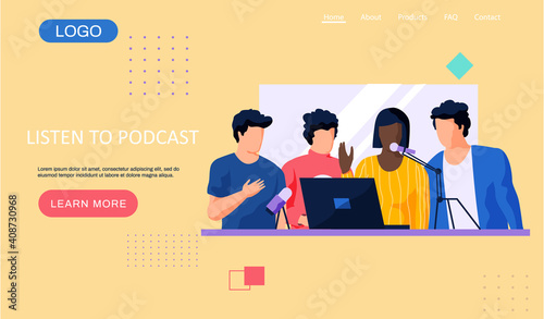 People communicate through podcasts. Characters in recording studio, hearer listen to audio recording. Internet technology, woman is speaking into the microphone, guys give interviews webpage template
