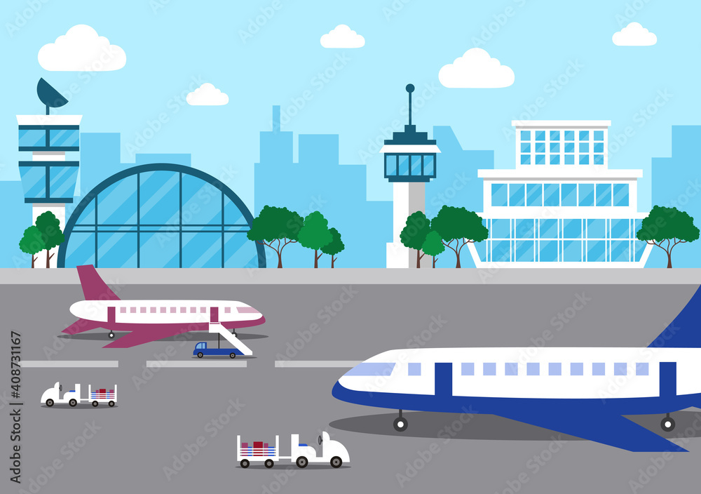 Airport Terminal building with infographic aircraft taking off and Different transport types elements templates Vector illustration