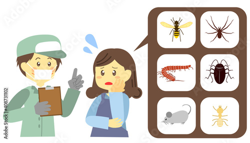 害虫駆除の相談をする主婦　感染対策ver