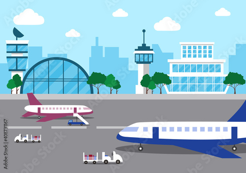 Airport Terminal building with infographic aircraft taking off and Different transport types elements templates Vector illustration