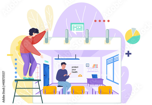 Man hangs poster or calendar on background. Young man at school conducting medicine lesson. Teacher talks about taking care of health. Back to school concept. Male character teaching in class