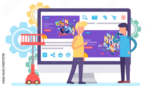Online professions landing page. Male character of different professions on online. Activity type applications on smartphone screen. Specialists work remotely conduct lessons distance training