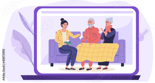 Treatment of coronavirus on computer screen. Girl offers napkins to people with runny nose. Woman helping elderly sick people. Coronavirus pandemic concept. Covid-19 treatment and prevention