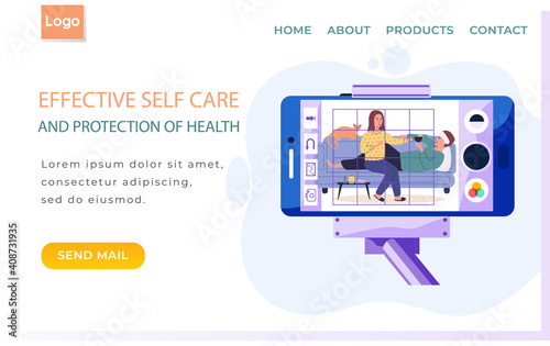 Phone on monopod with girl treating guy on screen. Effective self care concept. Internet website layout. Male character lies with thermometer. Woman giving tea to sick man. Guy measures temperature