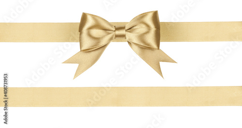 Fotografia Gold satin ribbon fabric bow isolated on white background