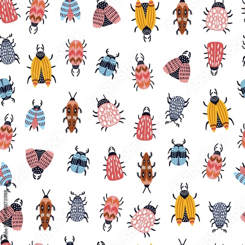 Seamless childish pattern with bugs and beetles in Scandinavian style. Perfect for wallpaper, fabric texture, wrapping paper © Angelina De Sol