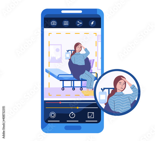 Mobile phone with photo of sick girl. Woman suffering from headache and lying in hospital. Prevention of spread of colds and coronavirus. Editing photo on subject of treatment and healthcare