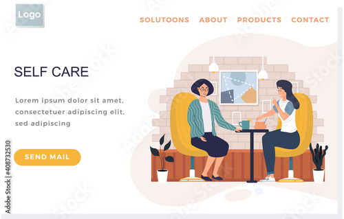 Landing page template with women sitting in cafe. Female friends are communicating and taking tea. Girls spend time outdoors. Girlfriends gossip together in restaurant. People sit with drinks on table