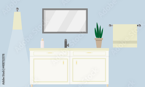 Bathroom with mirror with pastel colors.  Flat vector illustration.