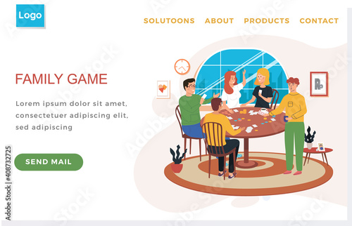 Landing page template with friends playing board games. Man takes pills and is treated at home. People play cards and spend time together in apartment. Family website layout vector illustration