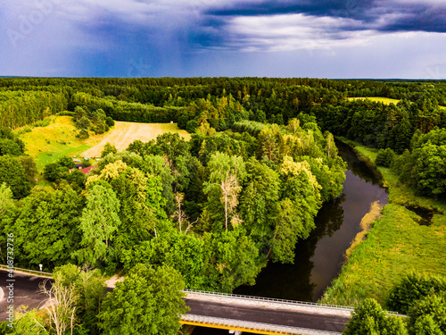 Brda river and Tuchola forest in Poland. Aerial view
