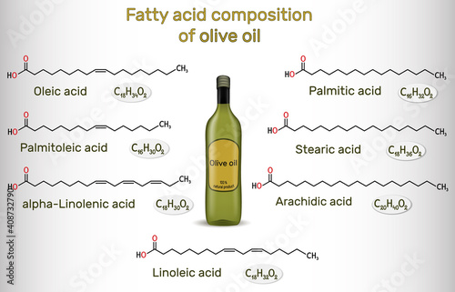 Fatty acid composition of olive oil. Chemical compounds: oleic, linoleic, palmitic, stearic, palmitoleic, alpha-linolenic, arachidic acid. Structural chemical formulas