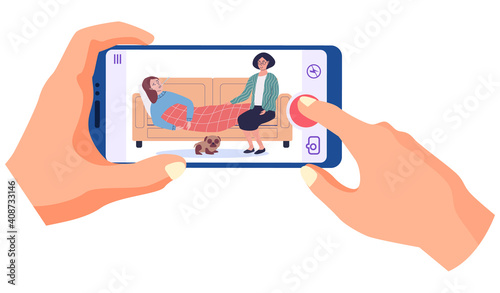Guy holding phone with photo of treatment process. Woman supports patient. Girl measures temperature. Self care and treatment concept. Female character wrapped in blanket sitting with thermometer