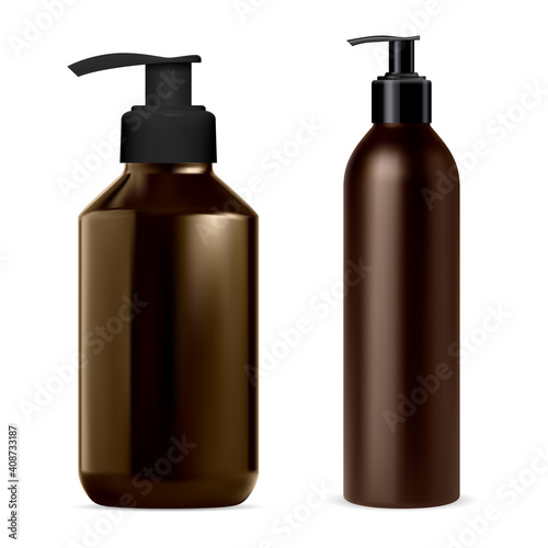 Pump dispenser bottle. Soap, shampoo bottles mockup vector blank. Brown package with dispenser cap for cosmetics lotion product, realistic 3d pack. Desinfecant container with pump batcher