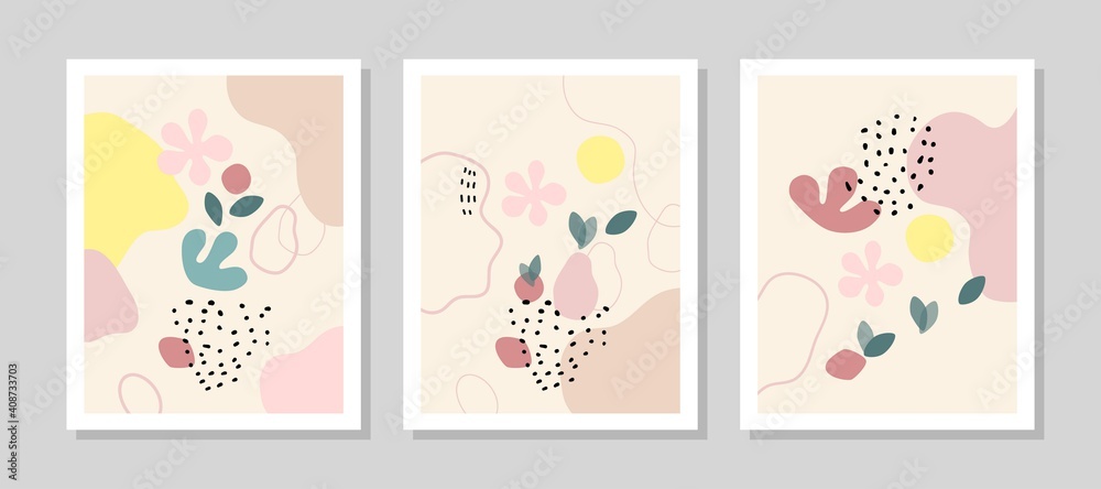 Contemporary art print. Vector hand drawn artwork. Trendy 50s, 60s retro, vintage. Matisse style. Hugge home, house decor. Set collection. Beige, black, pink, green, yellow soft colors. Minimalism