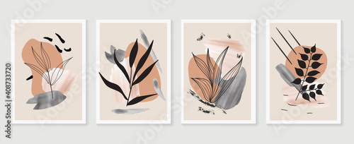 Botanical watercolor wall art vector set. Earth tone boho foliage line art drawing with  abstract shape.  Abstract Plant Art design for wall framed prints, canvas prints, poster, home decor.