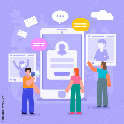Phone chatting, social media. Group of people stand near big phone. Modern vector illustration