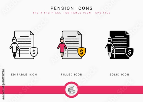 Pension icons set vector illustration with solid icon line style. Retirement fund plan concept. Editable stroke icon on isolated white background for web design, user interface, and mobile application
