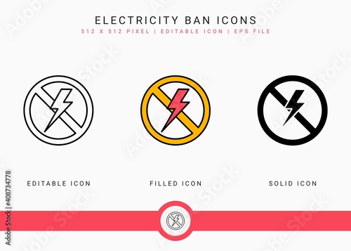Electricity ban icons set vector illustration with solid icon line style. Power outage symbol. Editable stroke icon on isolated background for web design, user interface, and mobile application