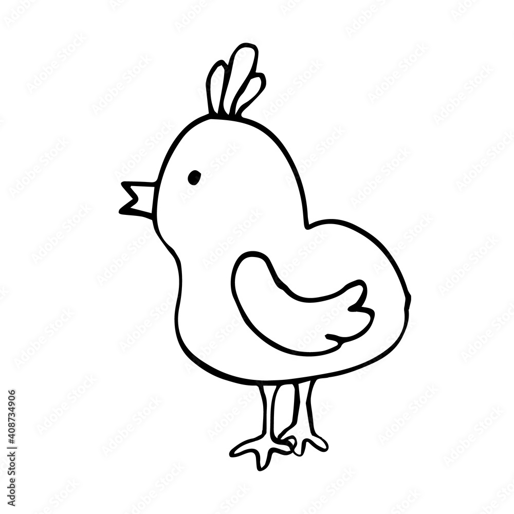 Doodle little chicken stands sideways on a white background isolated. It can be used in seasonal design for Easter, for children's textiles, printed products