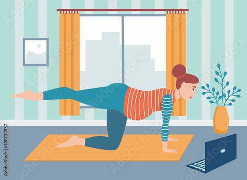 Pregnant woman does yoga at home online. The concept of everyday activities and daily life. Online sports and yoga, quarantine. Flat cartoon vector illustration.