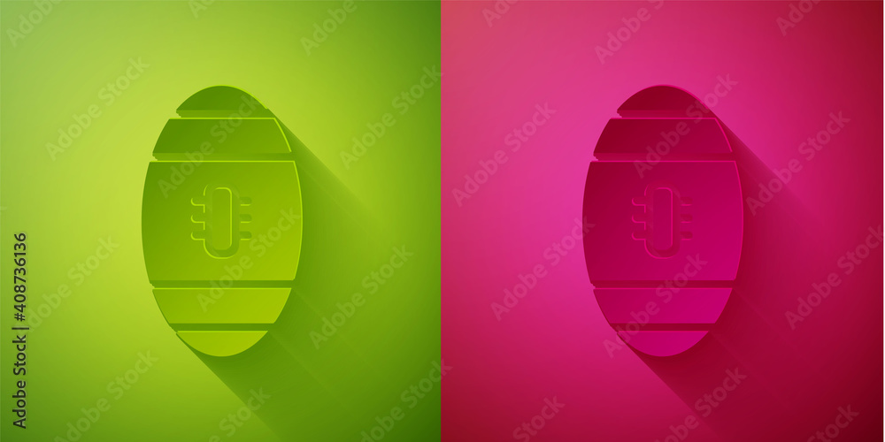 Paper cut American Football ball icon isolated on green and pink background. Rugby ball icon. Team sport game symbol. Paper art style. Vector Illustration. Paper cut American Football ball icon isolated on green and pink background. Rugby ball icon. Team sport game symbol. Paper art style. Vector Illustration.