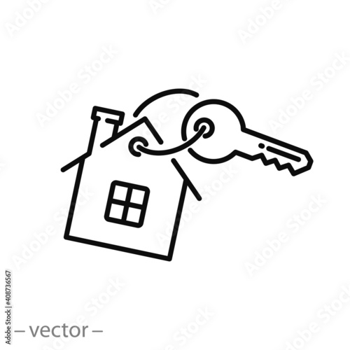 selling or rent home icon, key with house, offer new estate, buy property, thin line symbol on white background - editable stroke vector illustration eps10