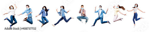 Collage picture of different nine people jumping having fun wearing safety masks healthy lifestyle stop pandemia isolated on white color background