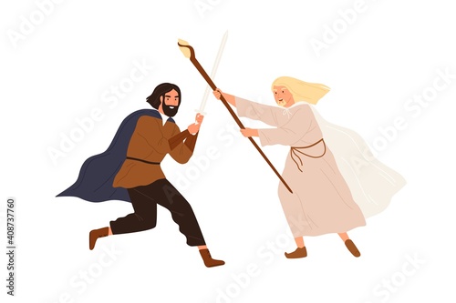 Medieval battle or duel between good and evil. Man and wizard armed with swor...