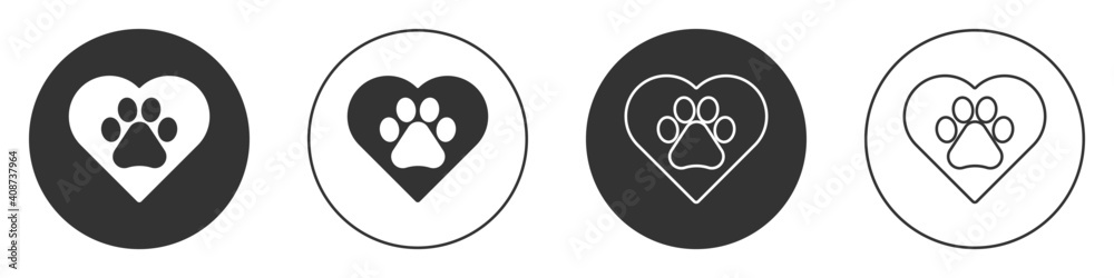 Black Heart with animals footprint icon isolated on white background. Pet paw in heart. Love to the animals. Circle button. Vector. Black Heart with animals footprint icon isolated on white background. Pet paw in heart. Love to the animals. Circle button. Vector.