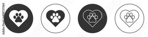 Black Heart with animals footprint icon isolated on white background. Pet paw in heart. Love to the animals. Circle button. Vector.