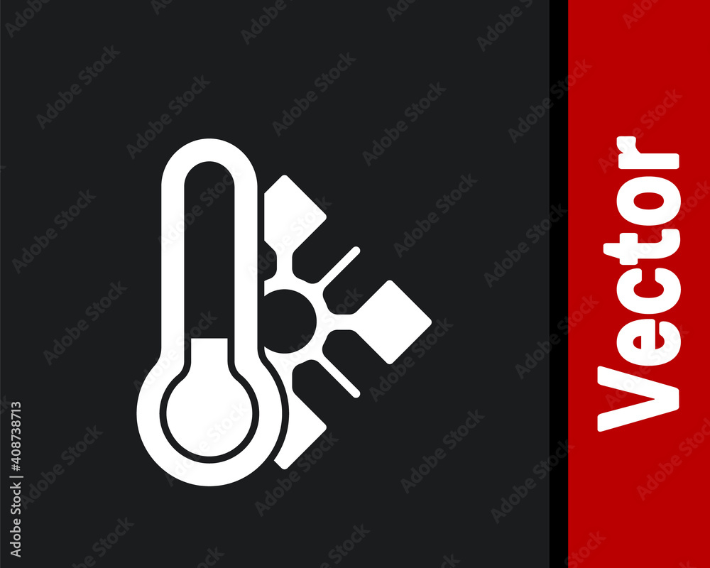 White Meteorology thermometer measuring icon isolated on black background. Thermometer equipment showing hot or cold weather. Vector. White Meteorology thermometer measuring icon isolated on black background. Thermometer equipment showing hot or cold weather. Vector.