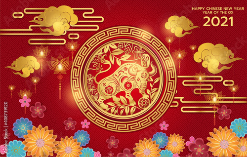 happy new year2021,Chinese New Year greeting card. year of the ox. Golden and red ornament. Flat style design. Concept for holiday banner template. photo