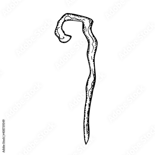 The wizards wooden staff. Bending stick witch magician halloween costume. Hand drawn black sketch outline tattoo engraving. Stock vector illustration isolated on white background.